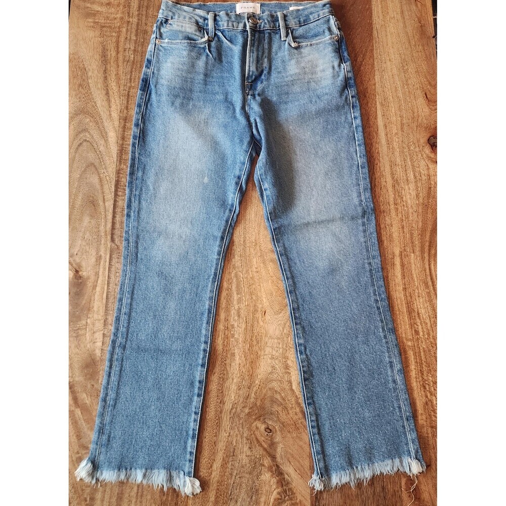Frame Le High Straight Jeans Womens 28 Blue Medium Wash Frayed Hem Crop